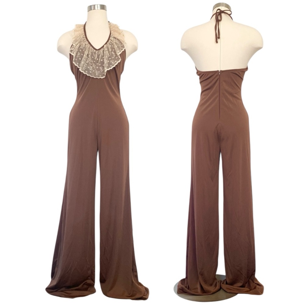 Vintage ESTIVO Silky Brown Ivory Lace Halter 70s Disco Jumpsuit Palazzo Catsuit